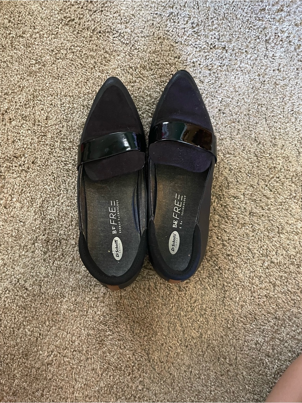 Dr. Scholl's Black Pointed Toe Loafers with Patent Strap